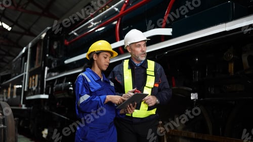 Preview: Instructor and apprentices at train in railway engineering facility. Factory indusrty Business.