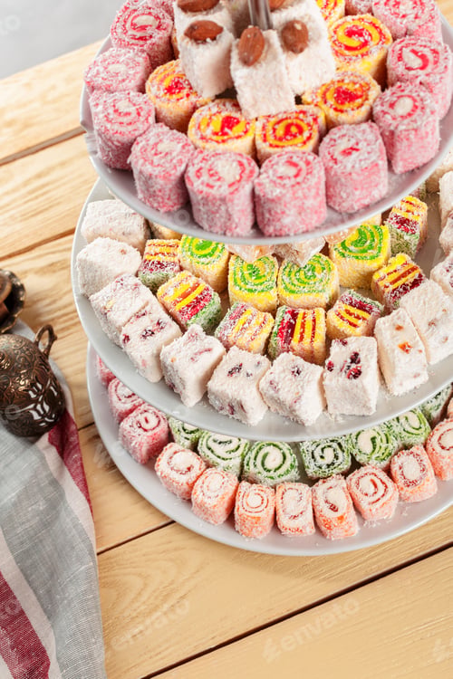 Preview: Turkish delight on a wooden table.