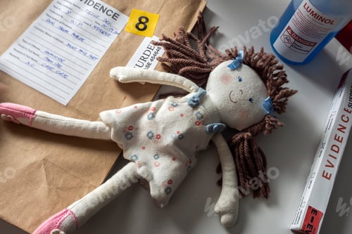 Preview: Testing of a rag doll implicated in a murder at a crime lab for DNA analysis, conceptual image