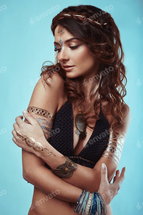 Preview: Portrait Of Beautiful Glamor Hipster Young Hippie Woman In Knitted Bra