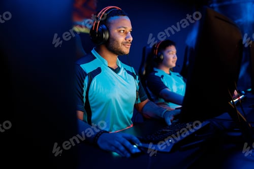 Preview: Professional cybersport gamer participating in esports tournament in gaming club