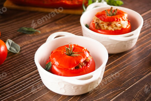 Preview: Delicious stuffed tomatoes with minced beef and rice.