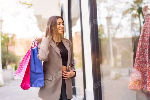 Preview: Stylish Caucasian female carrying shopping bags walking down a busy city street