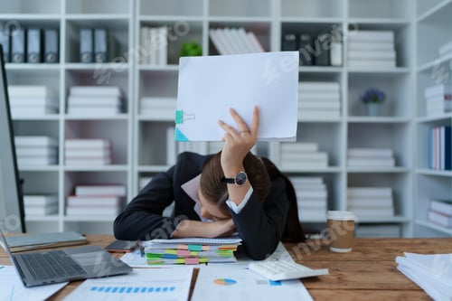 Preview: businesswoman plans a finance audit, reviewing documents while battling burnout syndrome.