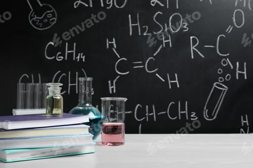 Preview: Laboratory glassware and school supplies on table against blackboard with chemical formulas