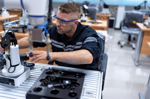 Preview: Engineer sitting in robot fabrication room quality checking robot arm hardware engineering