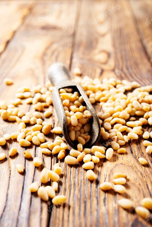 Preview: Pine nuts (cedar nuts). Delicious siberian product with nice taste and hale. Top view.