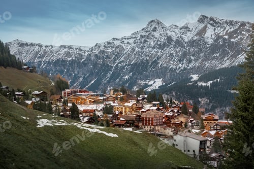 Preview: Murren Village with Tschuggen Mountain on background - Murren, Switzerland
