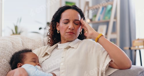 Preview: Woman, baby and stress headache on sofa for child development care with fatigue, migraine or injury