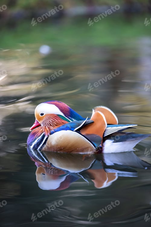 Preview: Male mallard duck with its bright feathers floating on a tranquil body of water