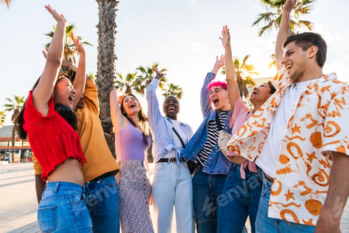 Preview: Multiethnic group of young happy friends hanging out