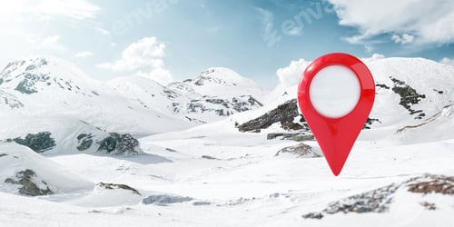 Preview: Surreal 3d Illustration of a Big Red Pointer in the Middle of Snowy Mountains.
