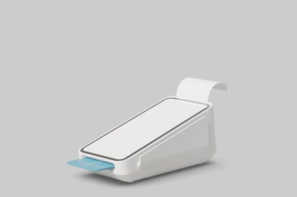 Preview: White device with curved paper tray and blue card slot.