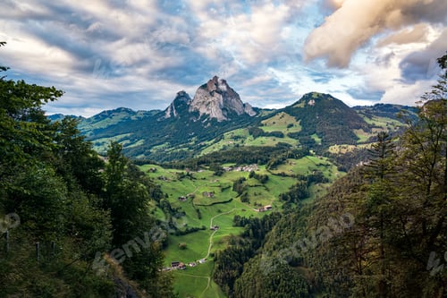 Preview: Swiss Alps Grosser Mythen mountain during on the way up to Fronalpstock by Stoos ridge railway