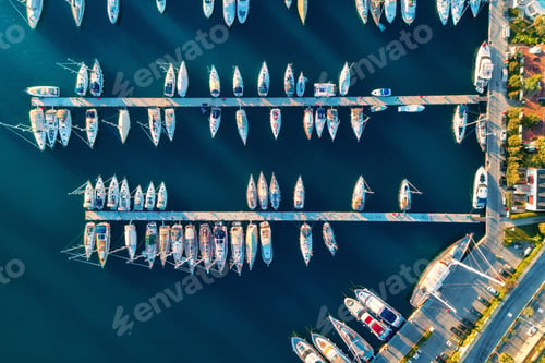 Preview: Aerial view of amazing boats at sunset in Marmaris, Turkey