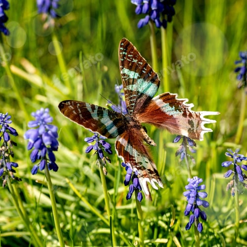 Preview: Flying giant tropical butterfly on muscari flowers