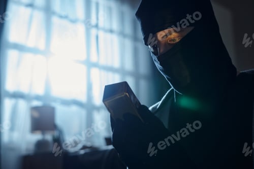 Preview: Man Wearing Mask Examining Stolen Object Indoors
