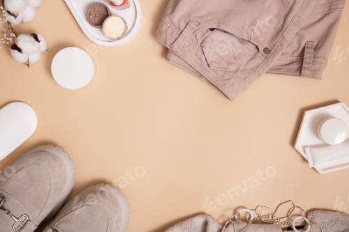 Preview: Flat lay women's shoes, bag and cosmetics with copy space. Fashion blog, shopping concept