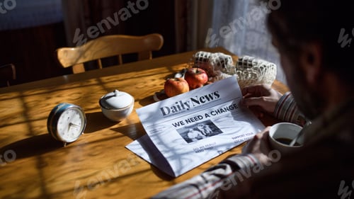 Preview: Unrecognizalbe poor mature man reading newspapers indoors at home, poverty concept
