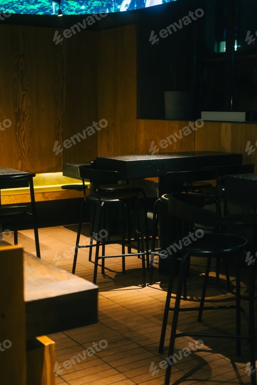 Preview: Interior of asian restaurant, empty table in the evening.