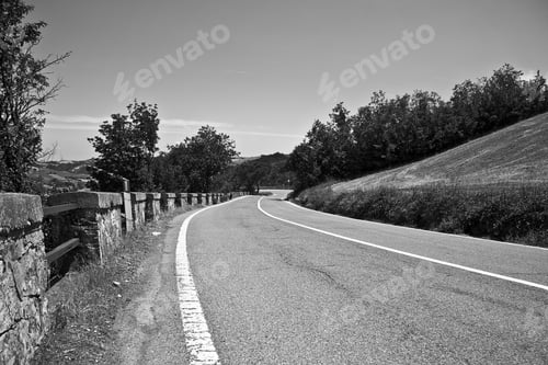 Preview: Grayscale shot of an asphalt road at the side of a hill with trees and a clear sky in the background