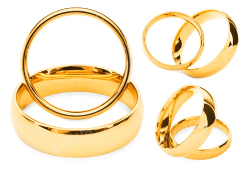 Preview: Shiny golden wedding rings on white background, collage
