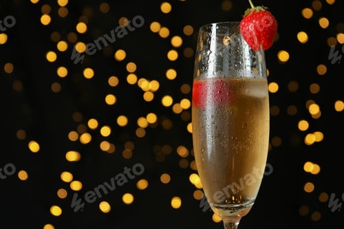 Preview: Concept of delicious drink with Rossini cocktail against dark background with blurred lights
