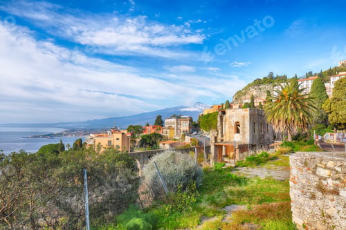 Preview: Etna volcano and Taormina town aerial panoramic view.