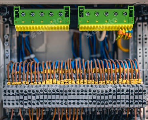 Preview: Electrical panel with fuses and contactors, close-up.