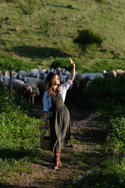 Preview: Shepherdess waving hand holding wicker basket walking on meadow with sheep flock in background