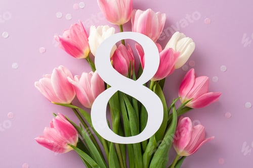 Preview: Celebrating Women's Day: A top view flat lay of a numeral 8 card, abundant tulips