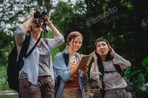 Preview: woman family or friends group trekking travel in adventure lifestyle, nature hiking in vacation