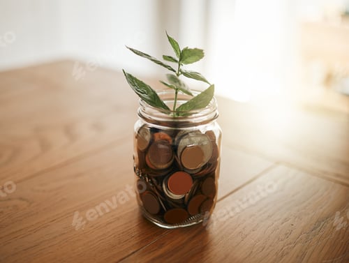 Preview: Growth, investment and economy with money and plant in a glass for financial, cash and savings plan