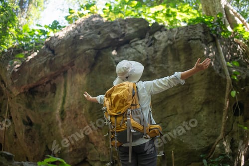 Preview: trekking adventure carries backpacks poles enjoying nature expression looks into the distance