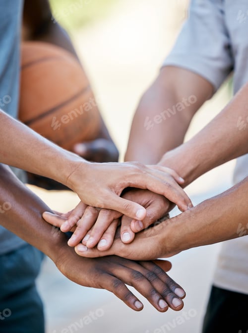 Preview: Hands, basketball and team in sports motivation, support or trust for collaboration, cooperation an
