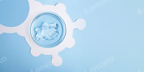 Preview: Top view of petri dish with cosmetics gel swatch in it.White molecule structure around,large banner.
