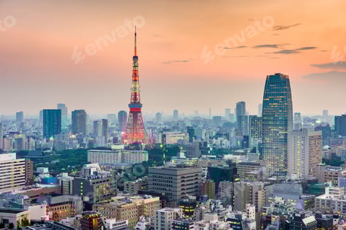 Preview: Tokyo, Japan cityscape and tower after sunset.