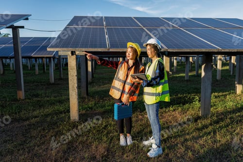 Preview: 2 maintenance girl engineer carry tool box routine maintenance at greenery solar farm in village