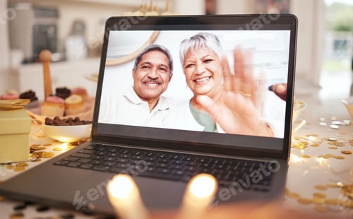 Preview: Senior couple, laptop screen and video call on table at party, event or dinner by candle, glitter o