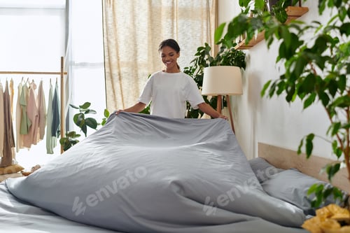Preview: A young African American woman joyfully makes her bed in a stylish and bright apartment.