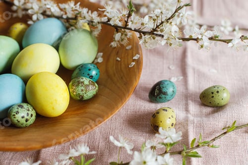 Preview: Stylish natural dyed easter eggs on wooden plate with spring flowers