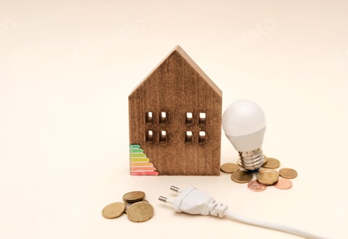 Preview: Wooden house model, LED light bulb, power plug and coins on neutral background,