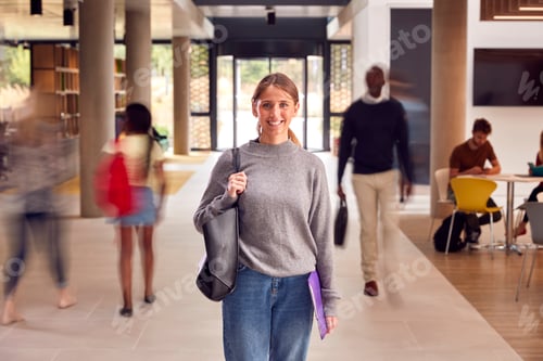 Preview: Portrait Of Smiling Female Student In Busy University Or College Building