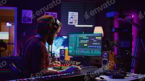 Preview: Man composing music using computer and keyboard