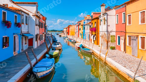 Preview: colorful streets of the village Burano Venice Italy colourful canal whit boats and vibrant house