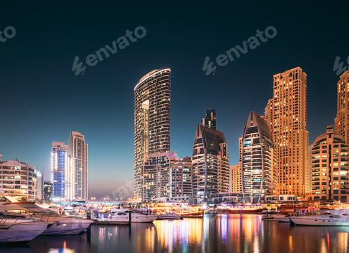 Preview: Dubai Marina Port, UAE, United Arab Emirates. Jetty With Many Moored Yachts