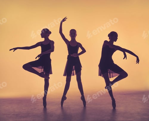Preview: The Silhouettes Of Young Ballerinas Posing On A Gray Background.
