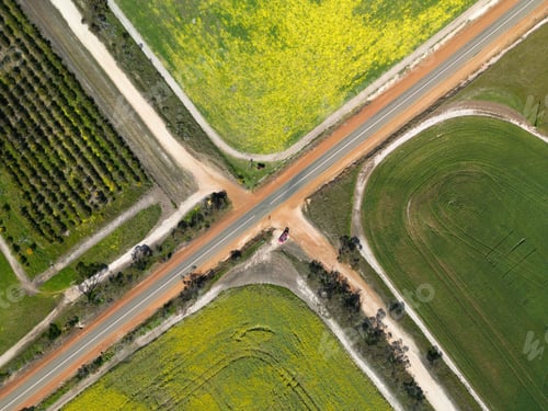 Preview: Aerial view of rural intersection with agricultural fields in North Stirlings, Western Australia