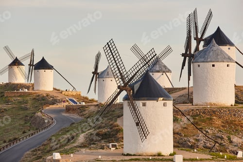 Preview: Traditional antique windmills in Spain. Consuegra, Toledo. Picturesque
