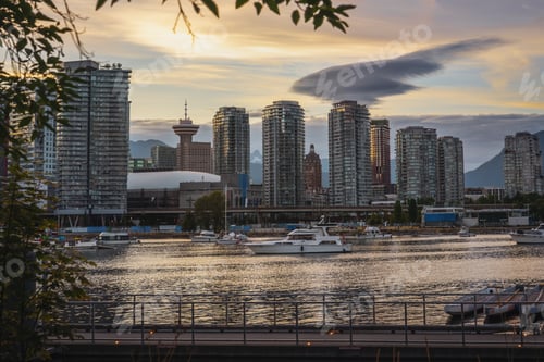 Preview: Vancouver city Skyline with False Creek at sunset - Vancouver, British Columbia, Canada